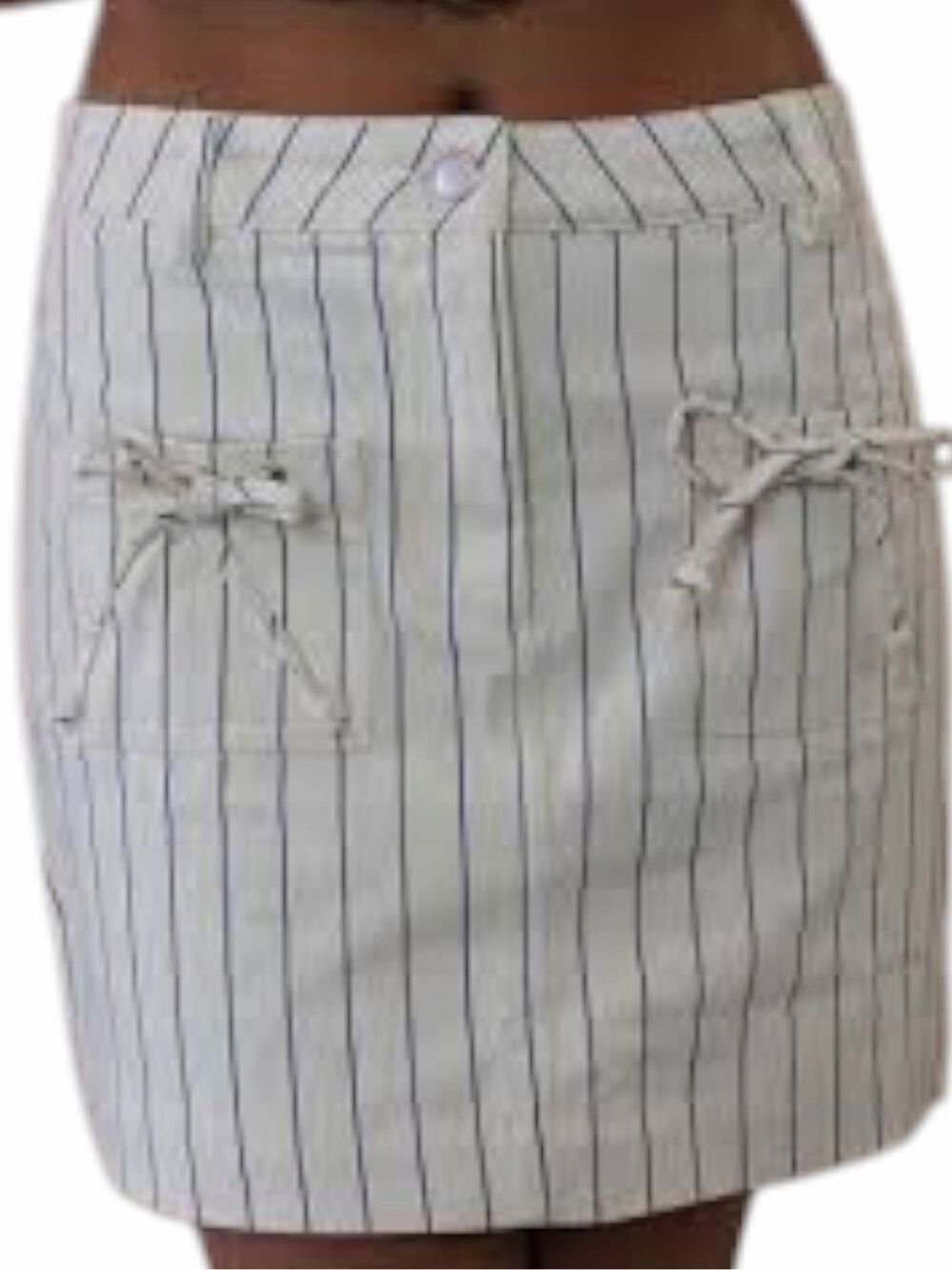 MIOU MUSE Field Of Dreams Denim Mini Skirt Cream Navy Pinstripe Bow Pockets Medi
